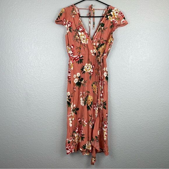 Xhilaration Womens Floral Print V-Neck Short Sleeve Maxi Dress Orange Small - Picture 1 of 9